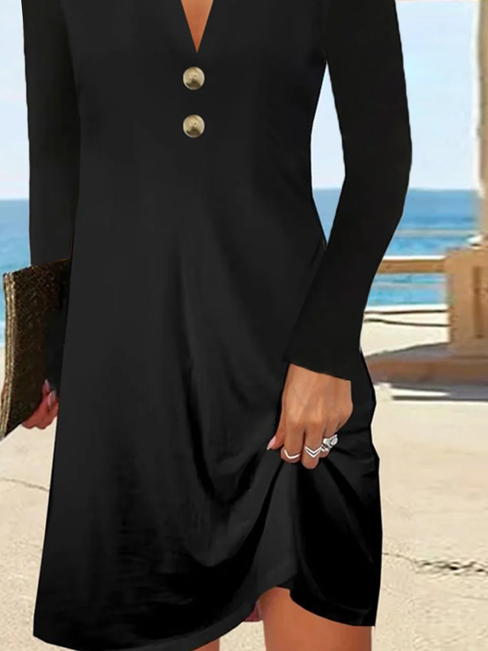 Casual Plain Buttoned V Neck Jersey Fit & Flare Long Sleeve Midi Dress