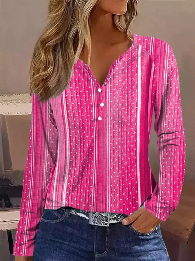 V Neck Striped Geometric Loose Casual Long Sleeve T-Shirt