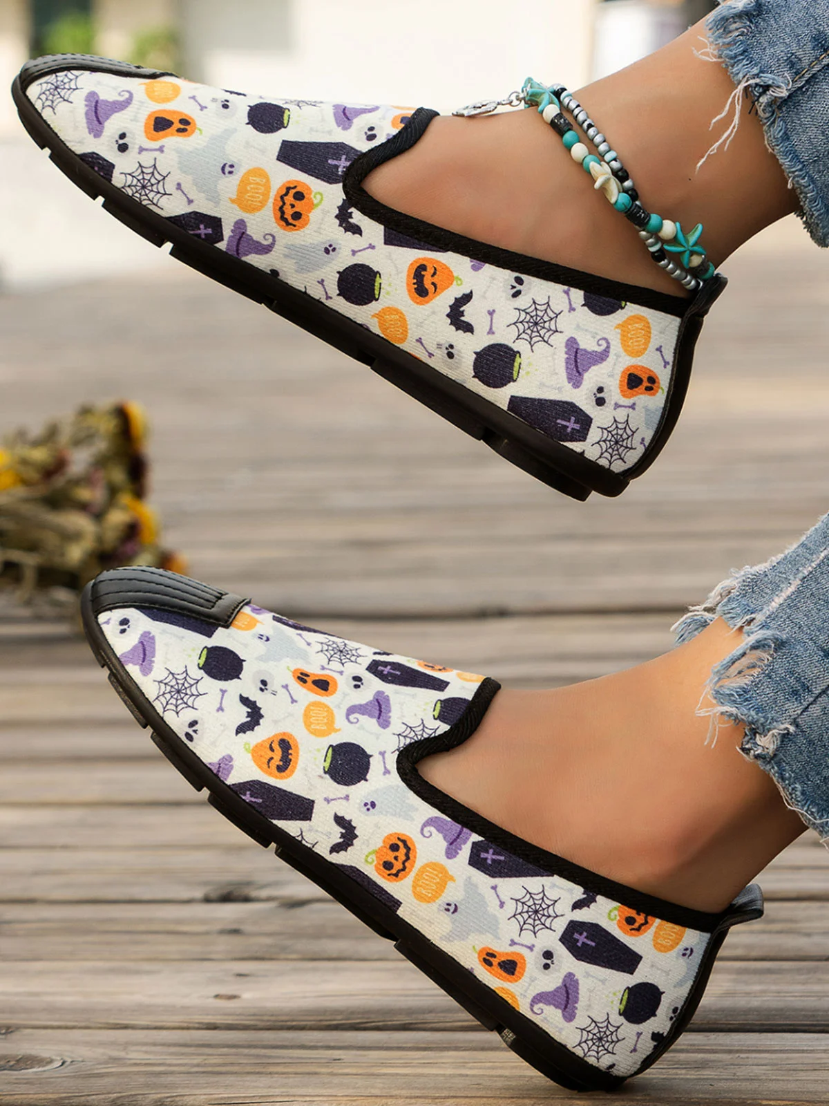 Women's Halloween Horror Pumpkin Skull Print Slip-on Shoes