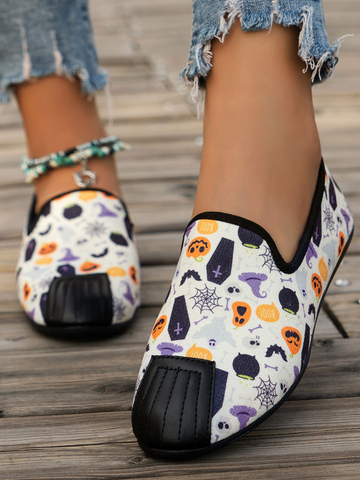 Women's Halloween Horror Pumpkin Skull Print Slip-on Shoes