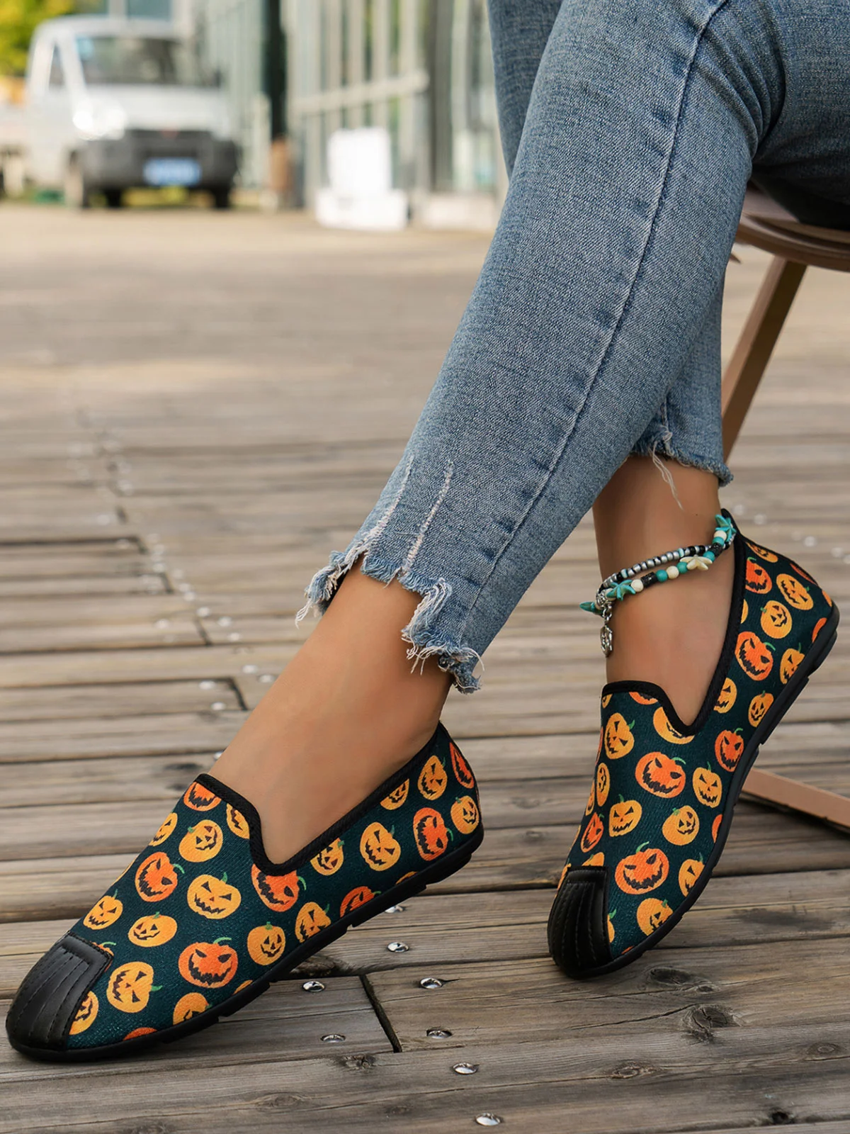 Women's Halloween Horror Pumpkin Skull Print Slip-on Shoes