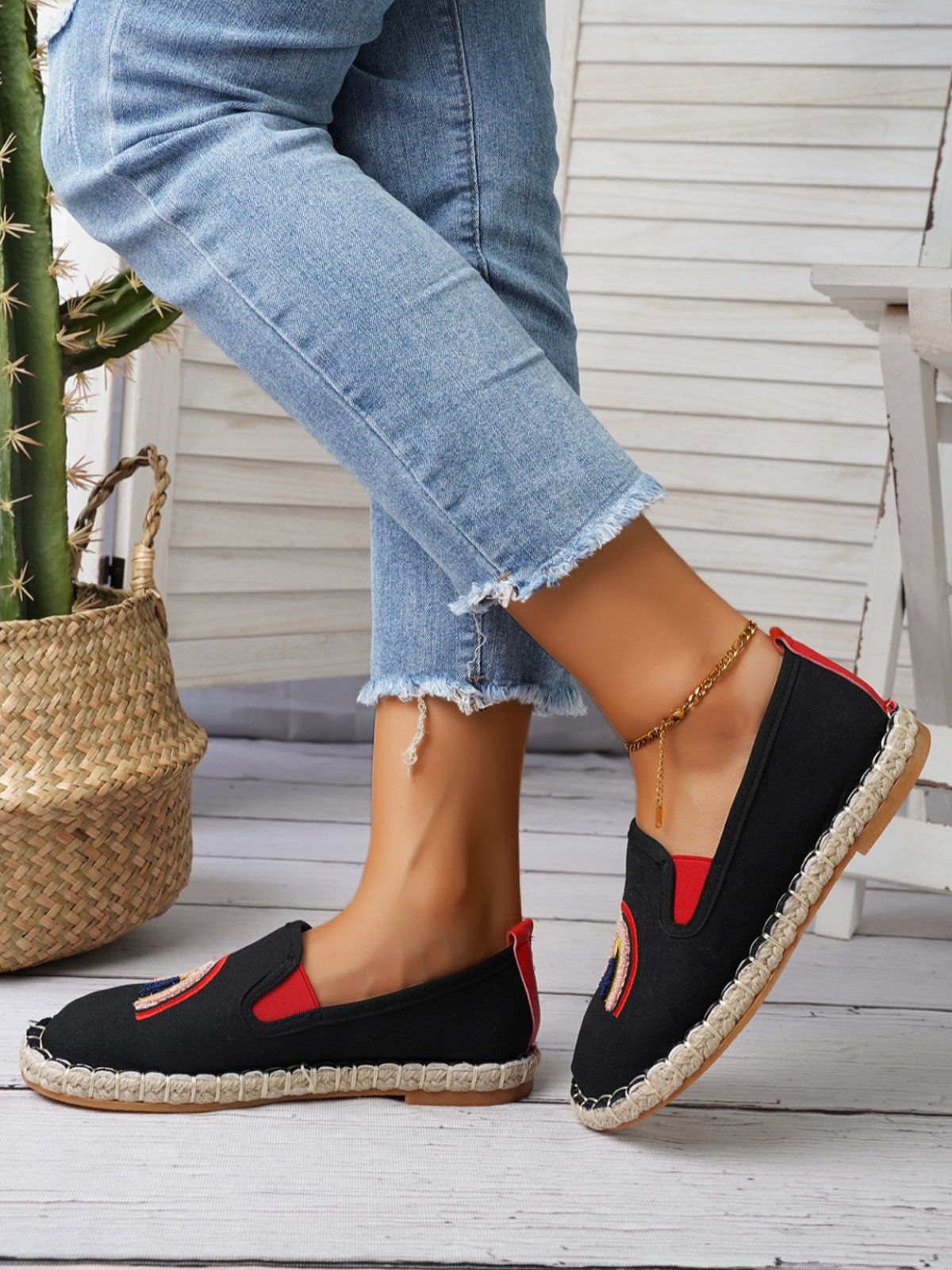 Rainbow Embroidery Flat Slip On Espadrille Shoes