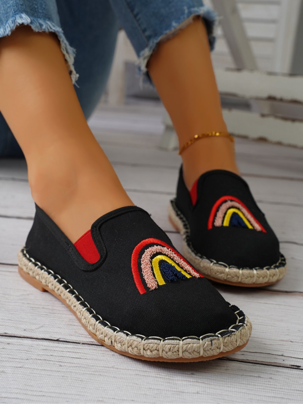Rainbow Embroidery Flat Slip On Espadrille Shoes