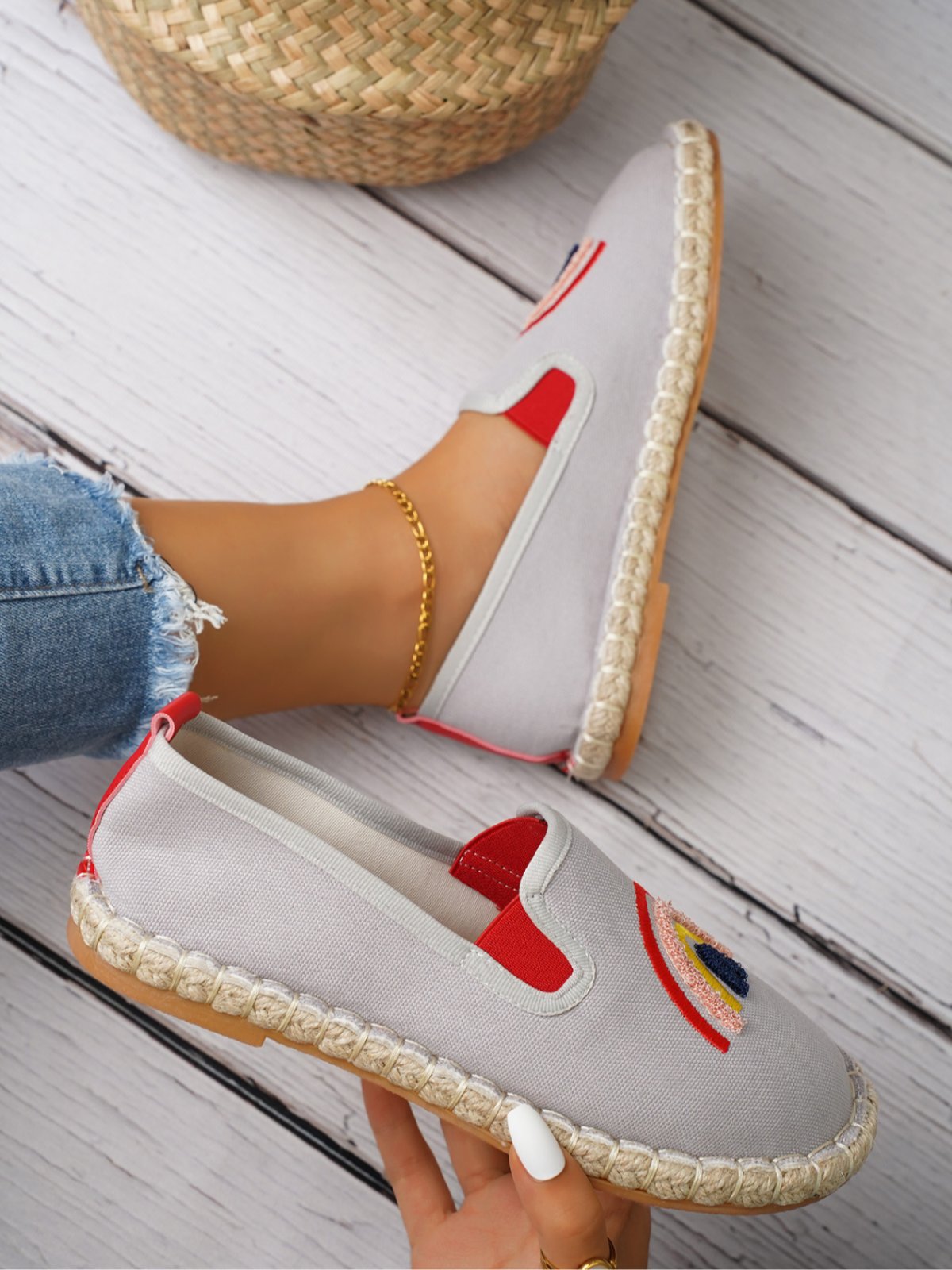 Rainbow Embroidery Flat Slip On Espadrille Shoes