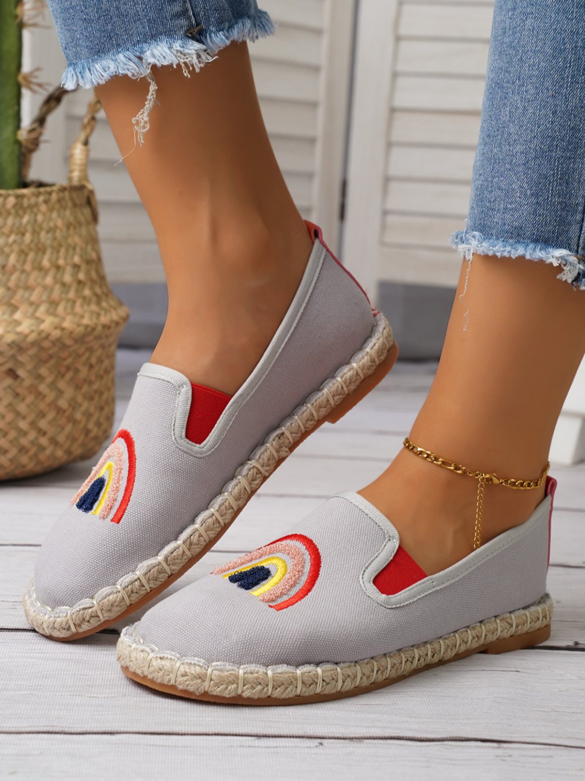 Rainbow Embroidery Flat Slip On Espadrille Shoes