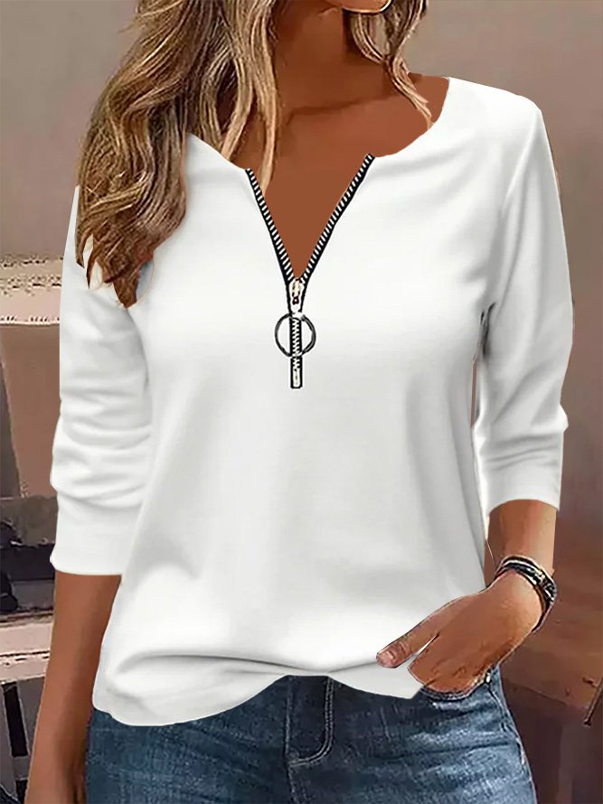 Casual Half Zipper Crew Neck Jersey Plain Loose H-Line Long Sleeve T-Shirt