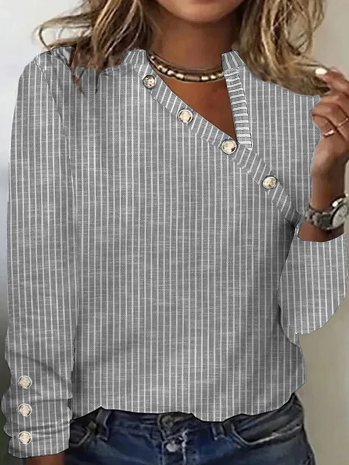 Plus size Asymmetrical Buttoned Casual Striped T-Shirt