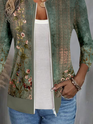 Casual Floral Loose Zipper Jacket