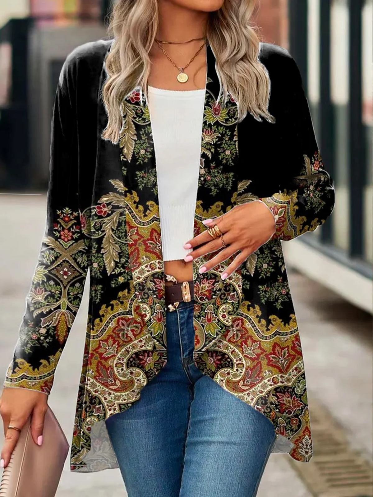 Plus Size Ethnic Jersey Casual H-Line Long Sleeve Kimono