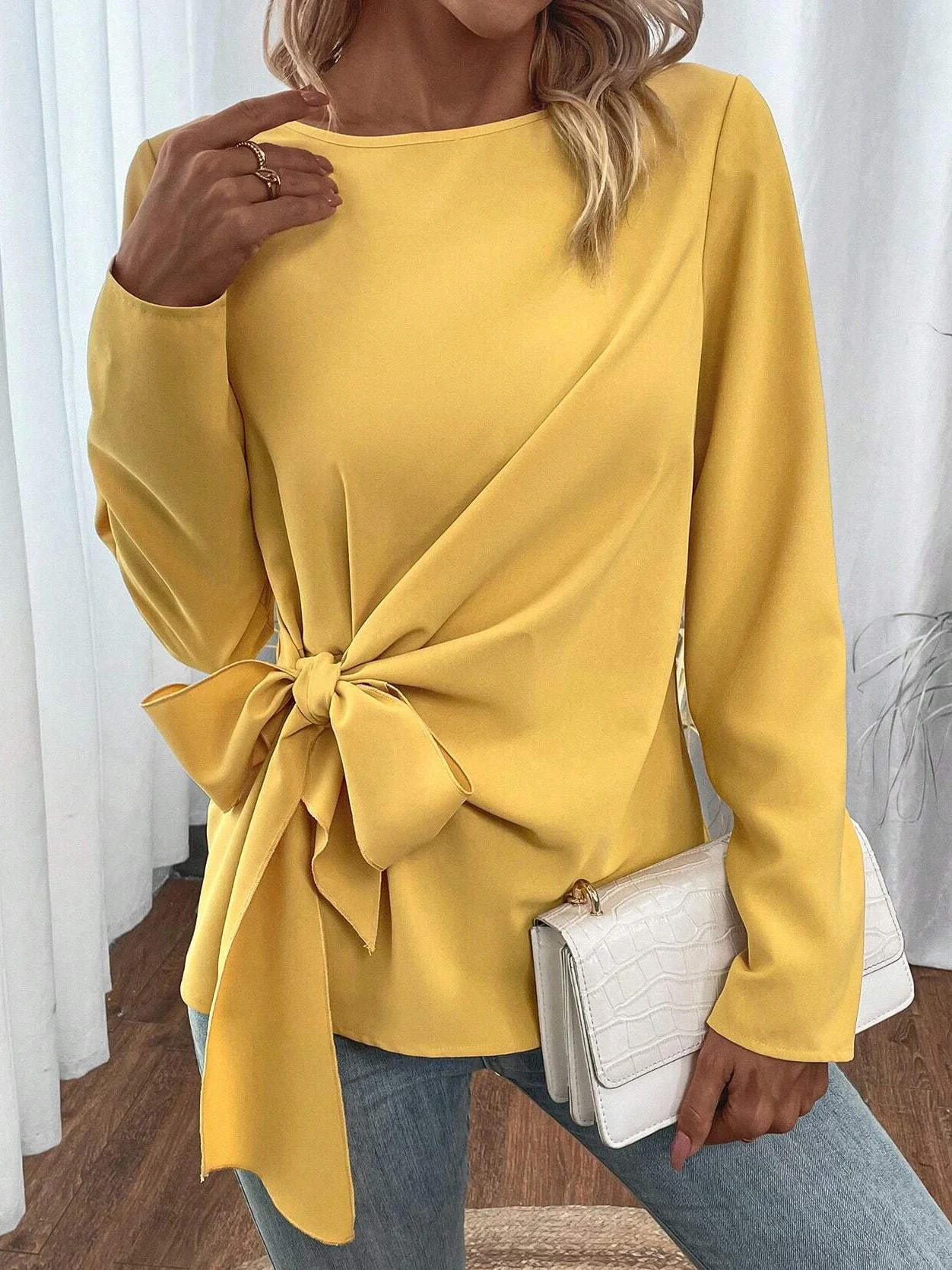 Knot Front Design Loose Casual Halloween Crew Neck H-Line Long Sleeve Shirt