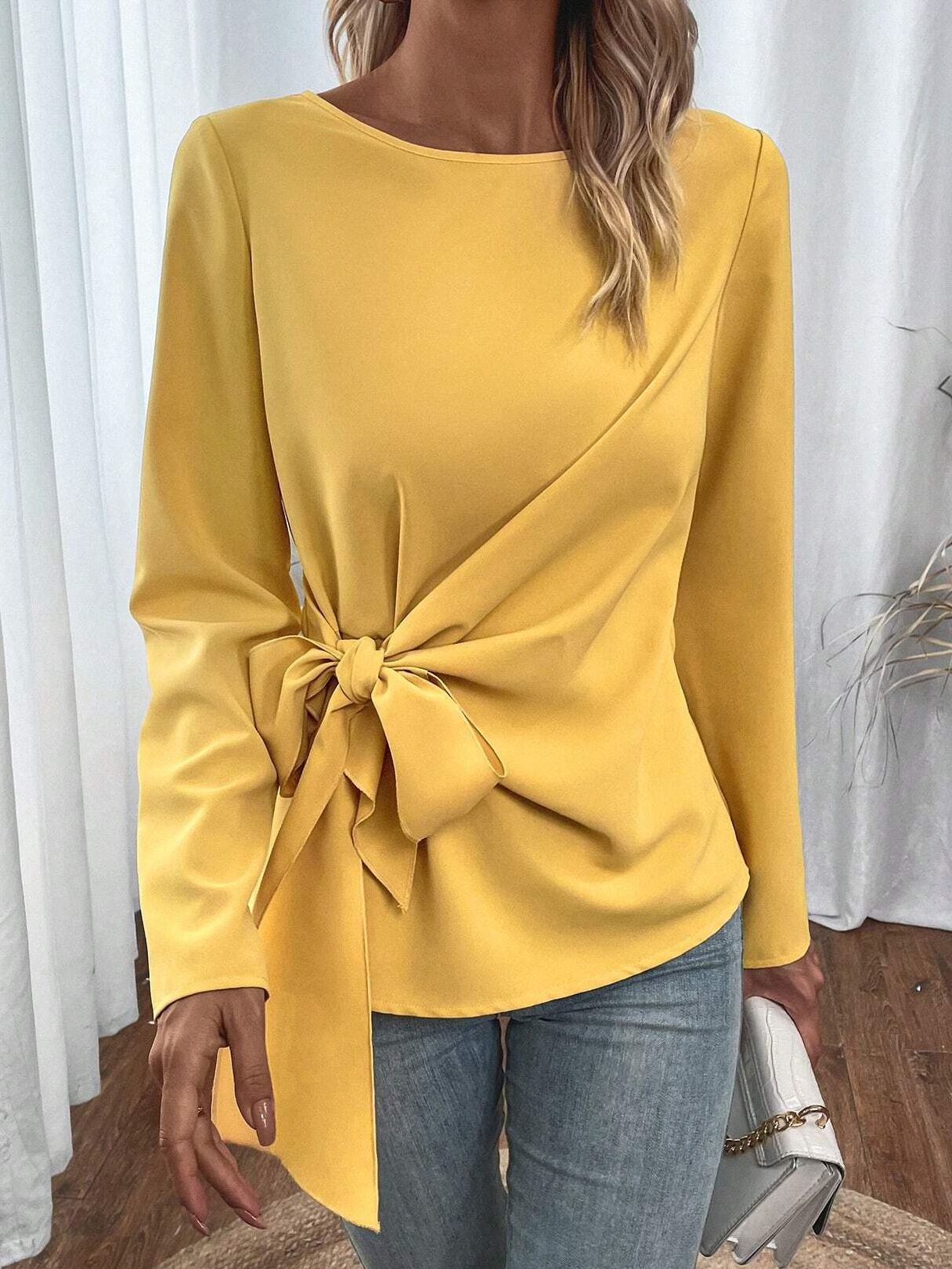 Knot Front Design Loose Casual Halloween Crew Neck H-Line Long Sleeve Shirt