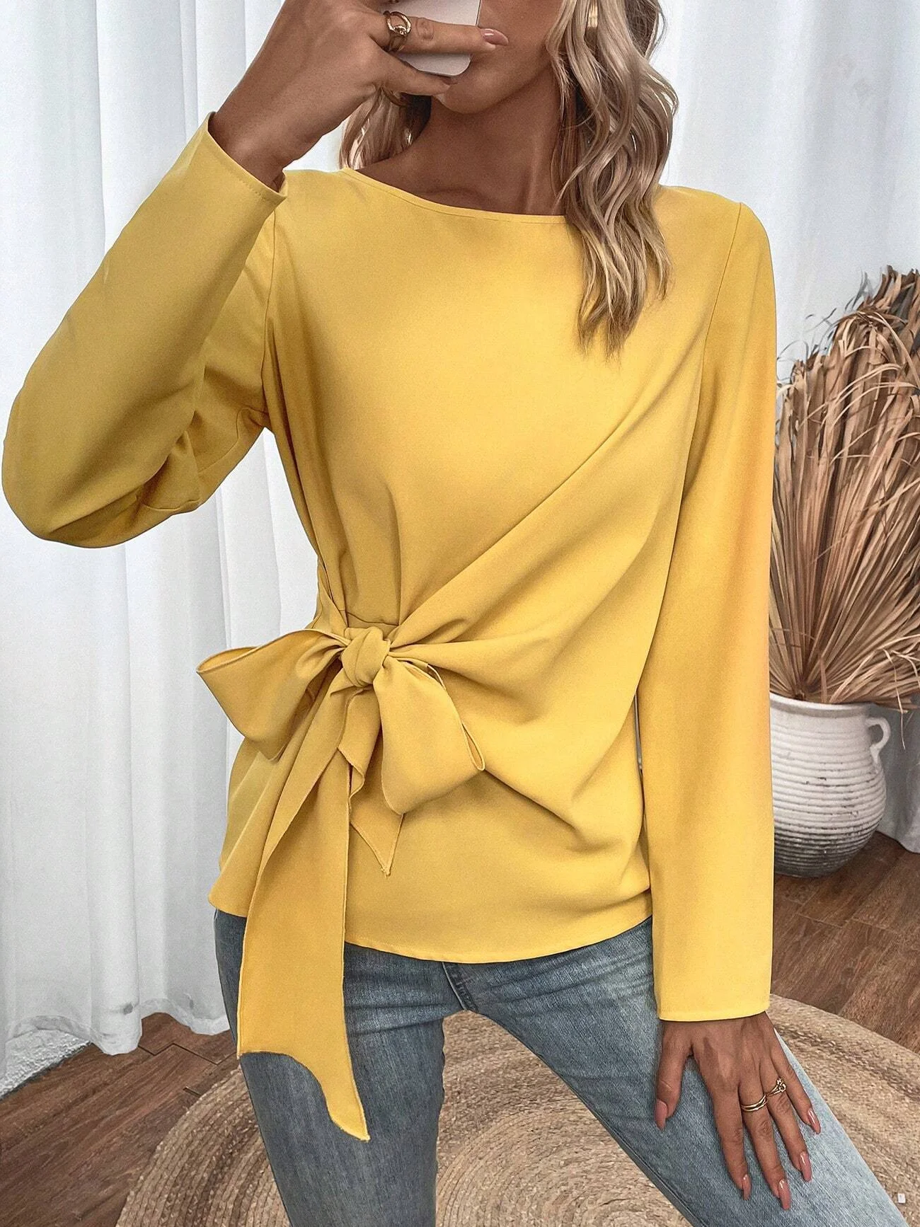 Knot Front Design Loose Casual Halloween Crew Neck H-Line Long Sleeve Shirt