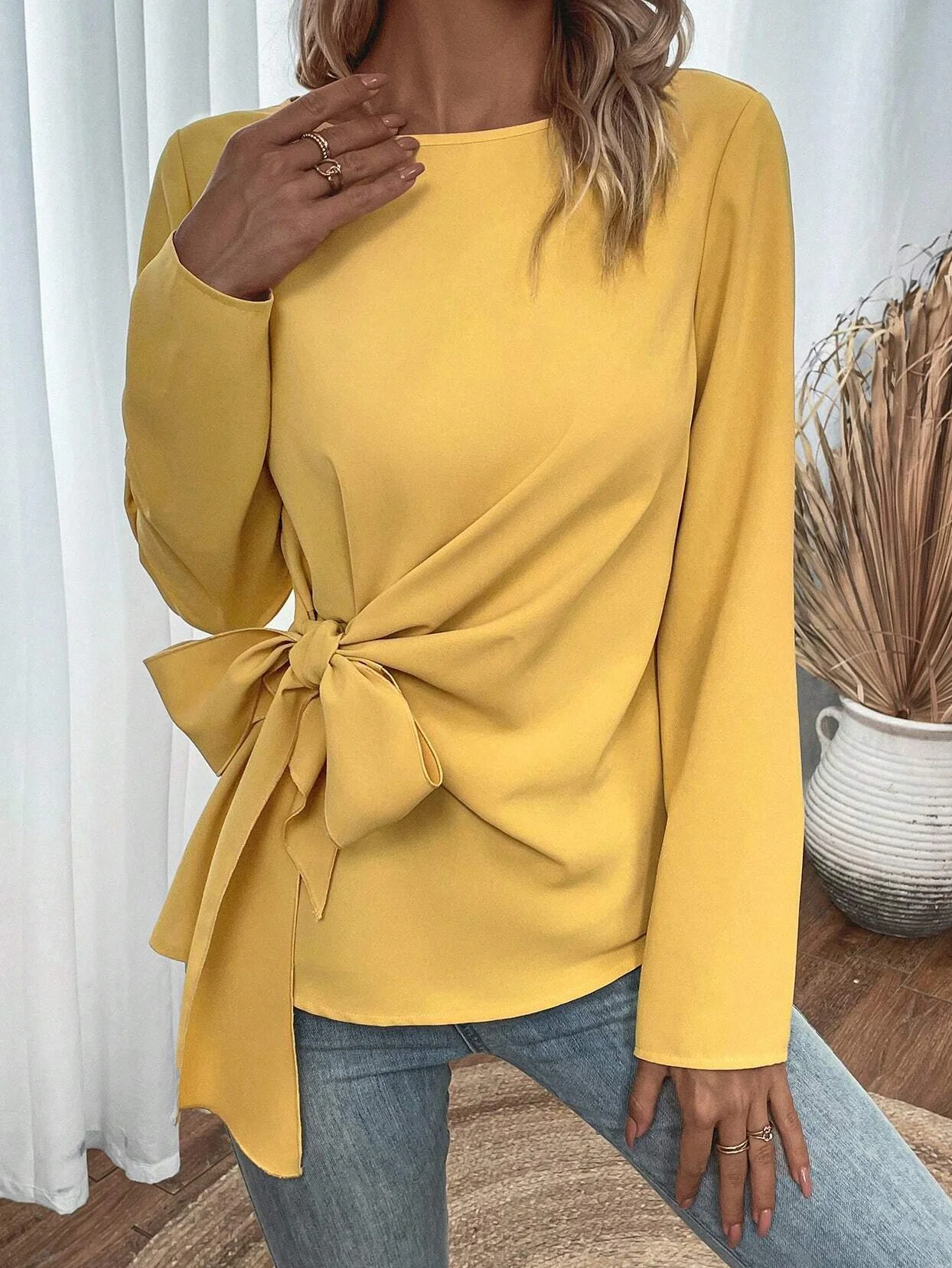Knot Front Design Loose Casual Halloween Crew Neck H-Line Long Sleeve Shirt