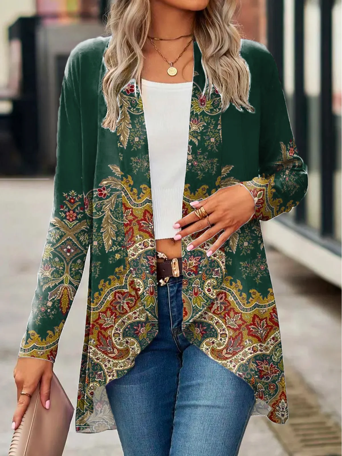 Vintage Ethnic Print Casual Loose H-Line Jersey Long Sleeve Kimono