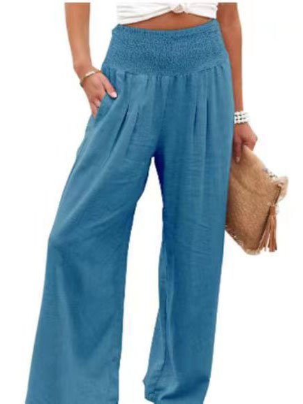 Cotton Casual Plain Scramble Wide Leg Pants With Elastic Band