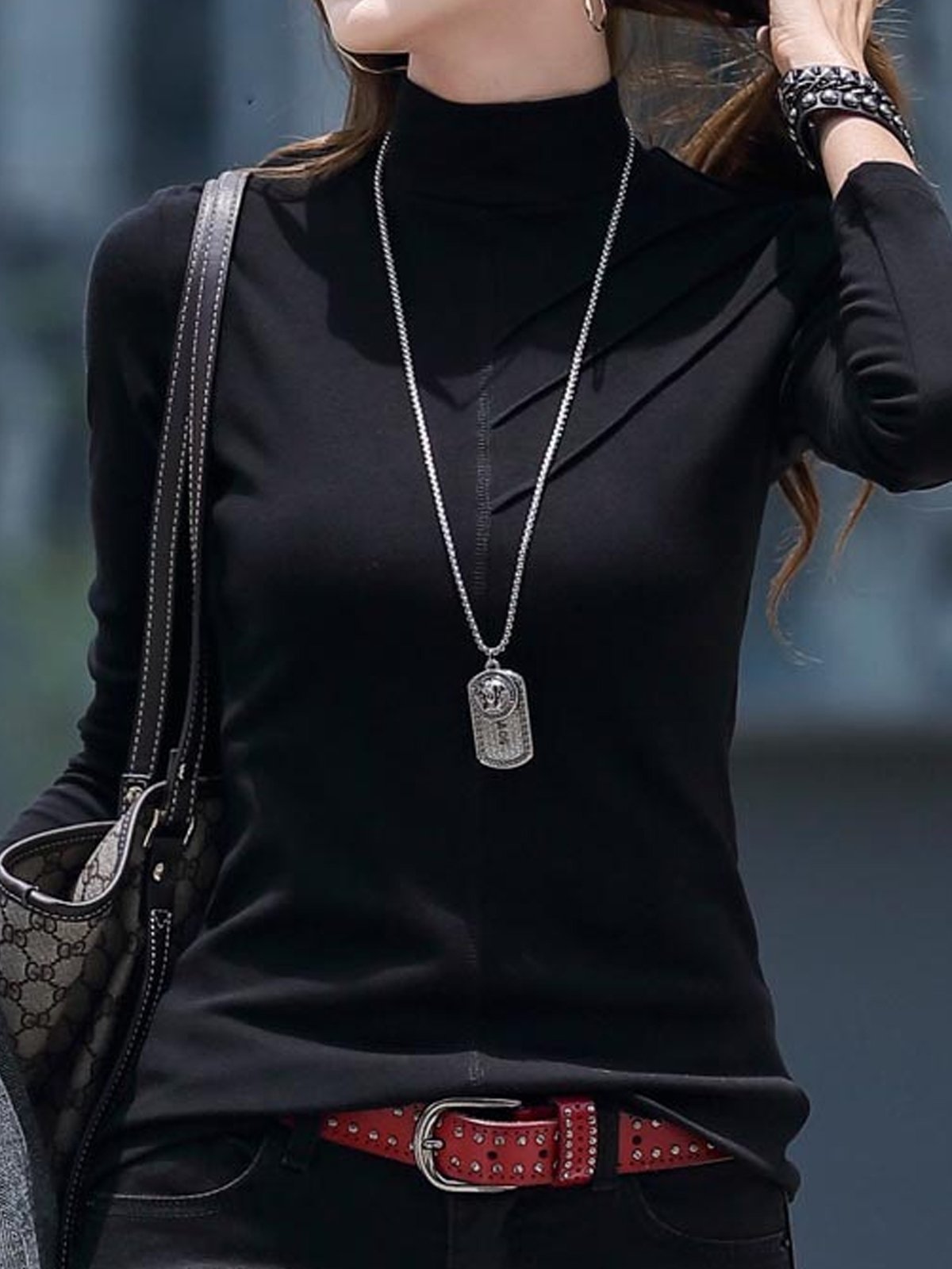 Turtleneck Daily Regular Fit Tunic Plain Casual Jersey Long Sleeve T-Shirt