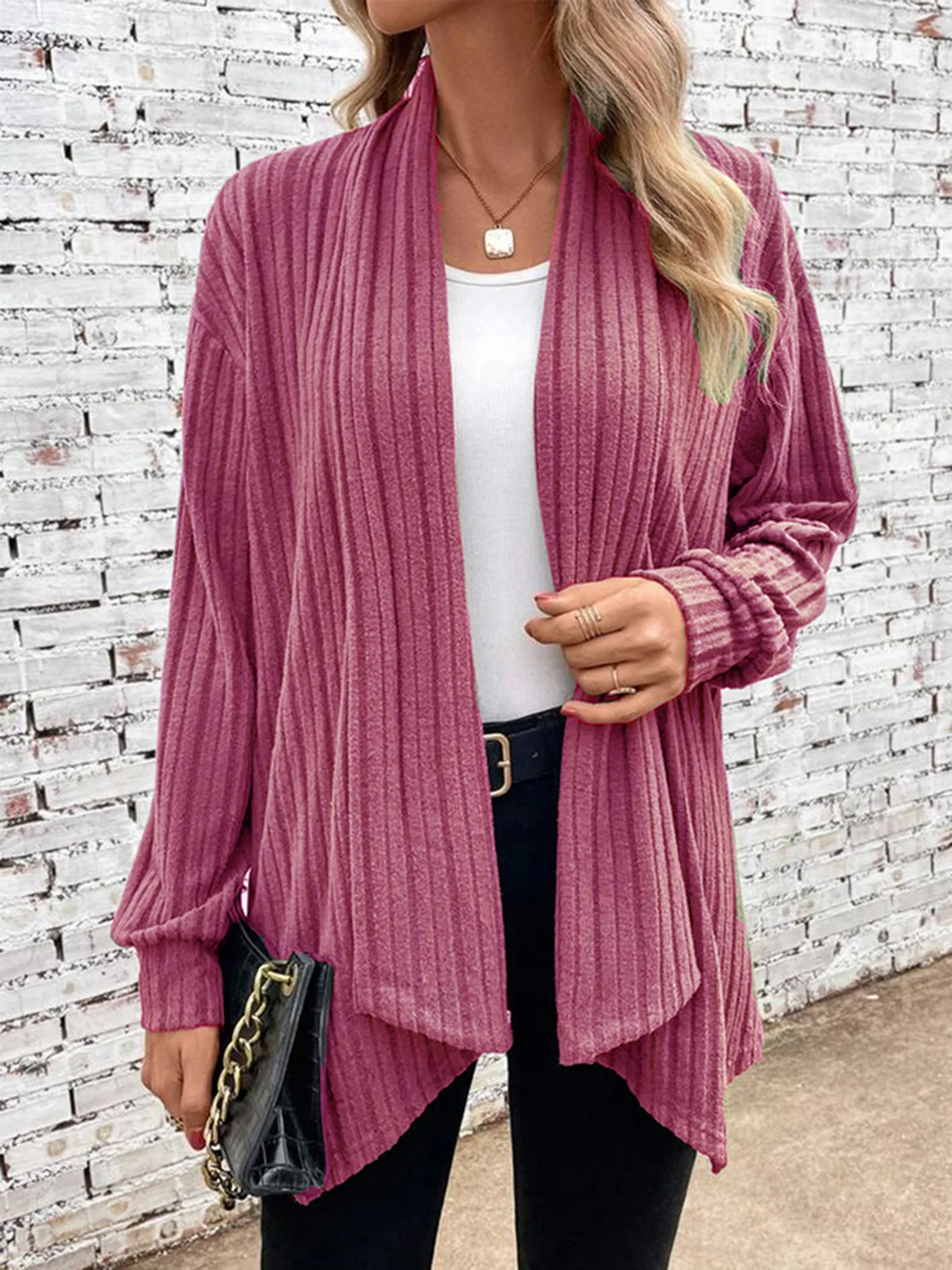 Wrap Loose Plain Casual H-Line Rib Fabric Long Sleeve Kimono