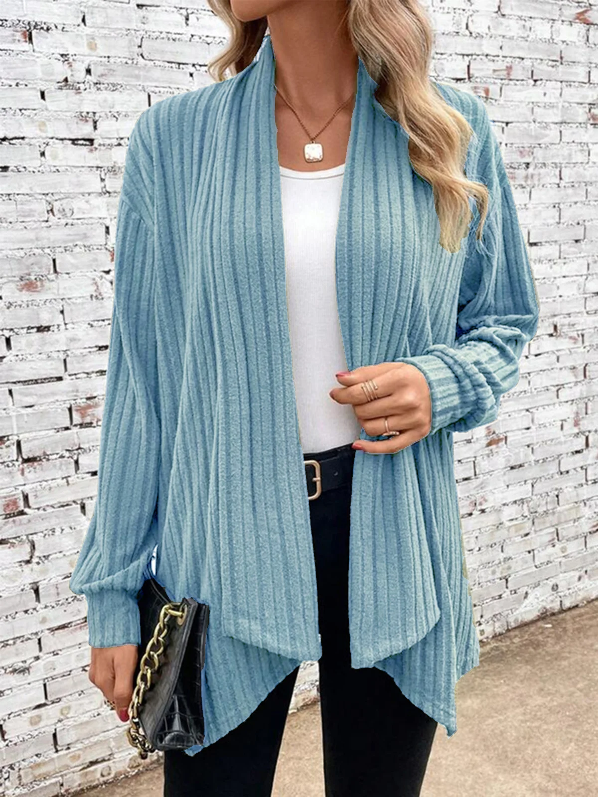 Wrap Loose Plain Casual H-Line Rib Fabric Long Sleeve Kimono