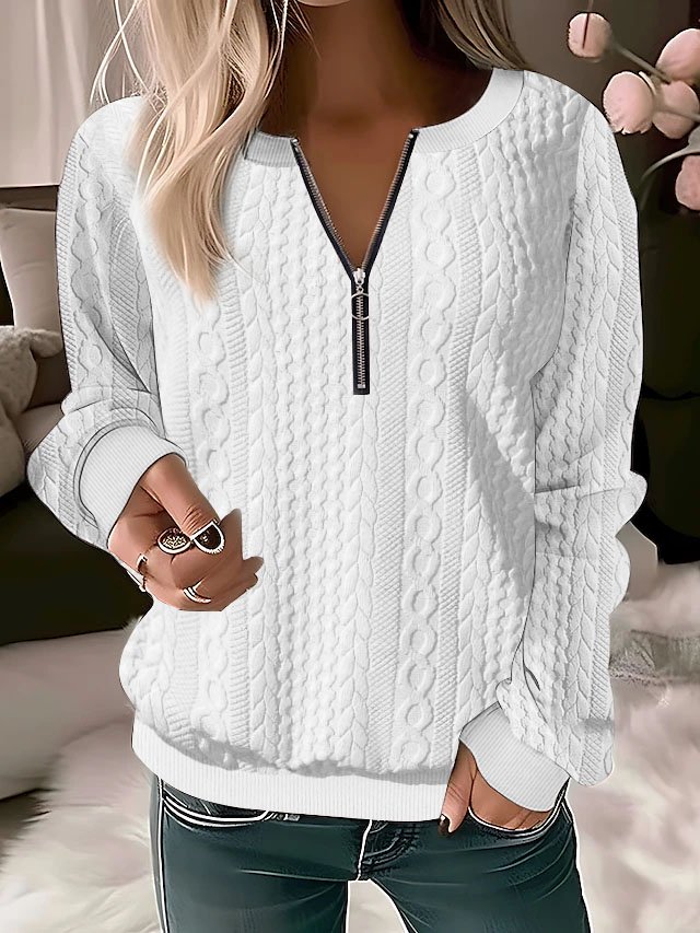 Half Zipper Solid Color Casual Texture Knitted V neck H-Line Long Sleeve Sweatshirts