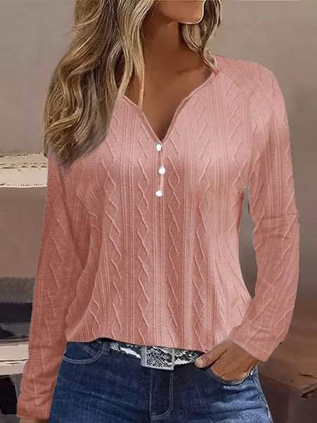 Plain Casual Jacquard Textured Knitted V-Neck H-Line Loose Long Sleeve T-Shirt