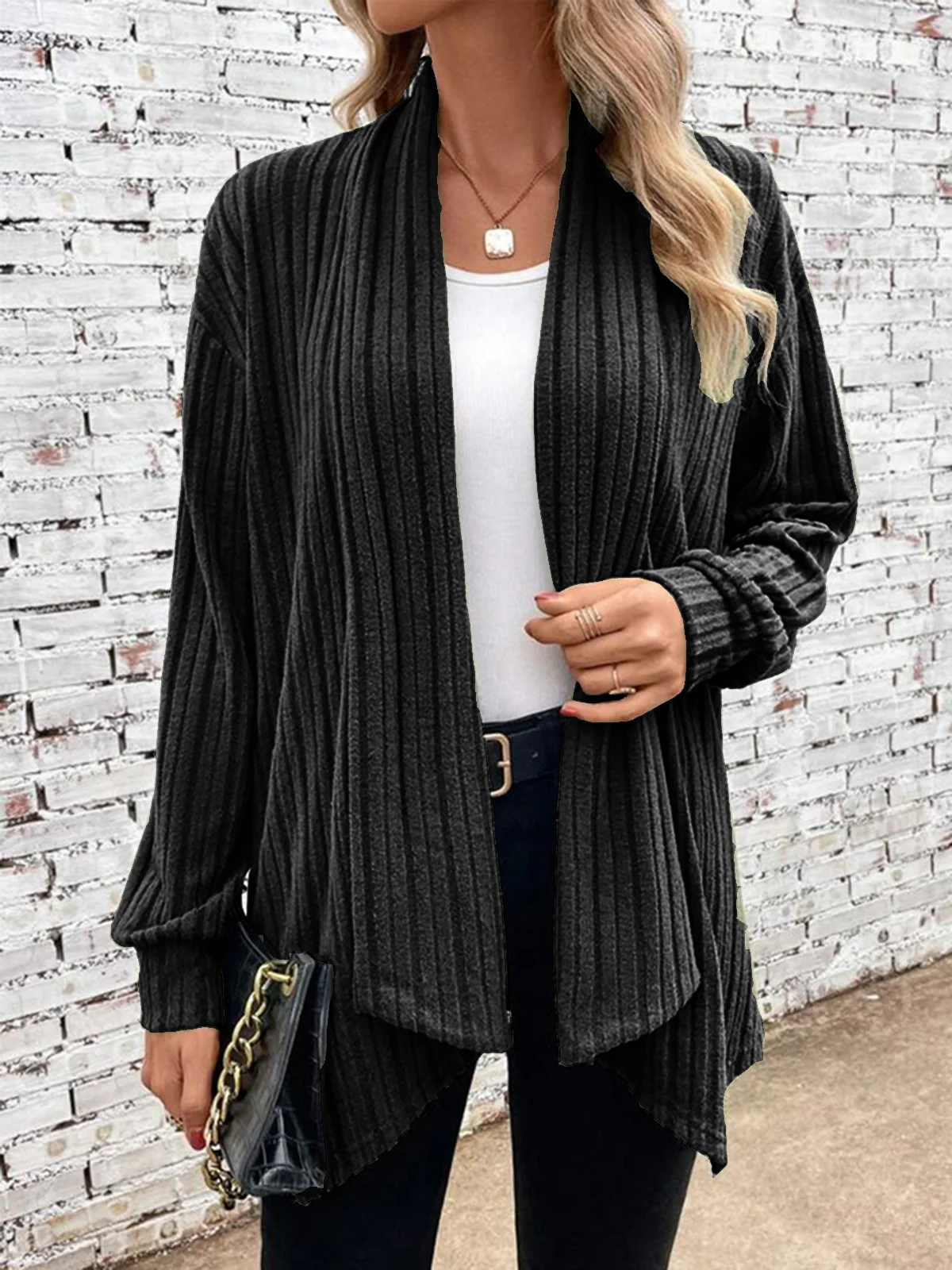 Wrap Loose Plain Casual H-Line Rib Fabric Long Sleeve Kimono