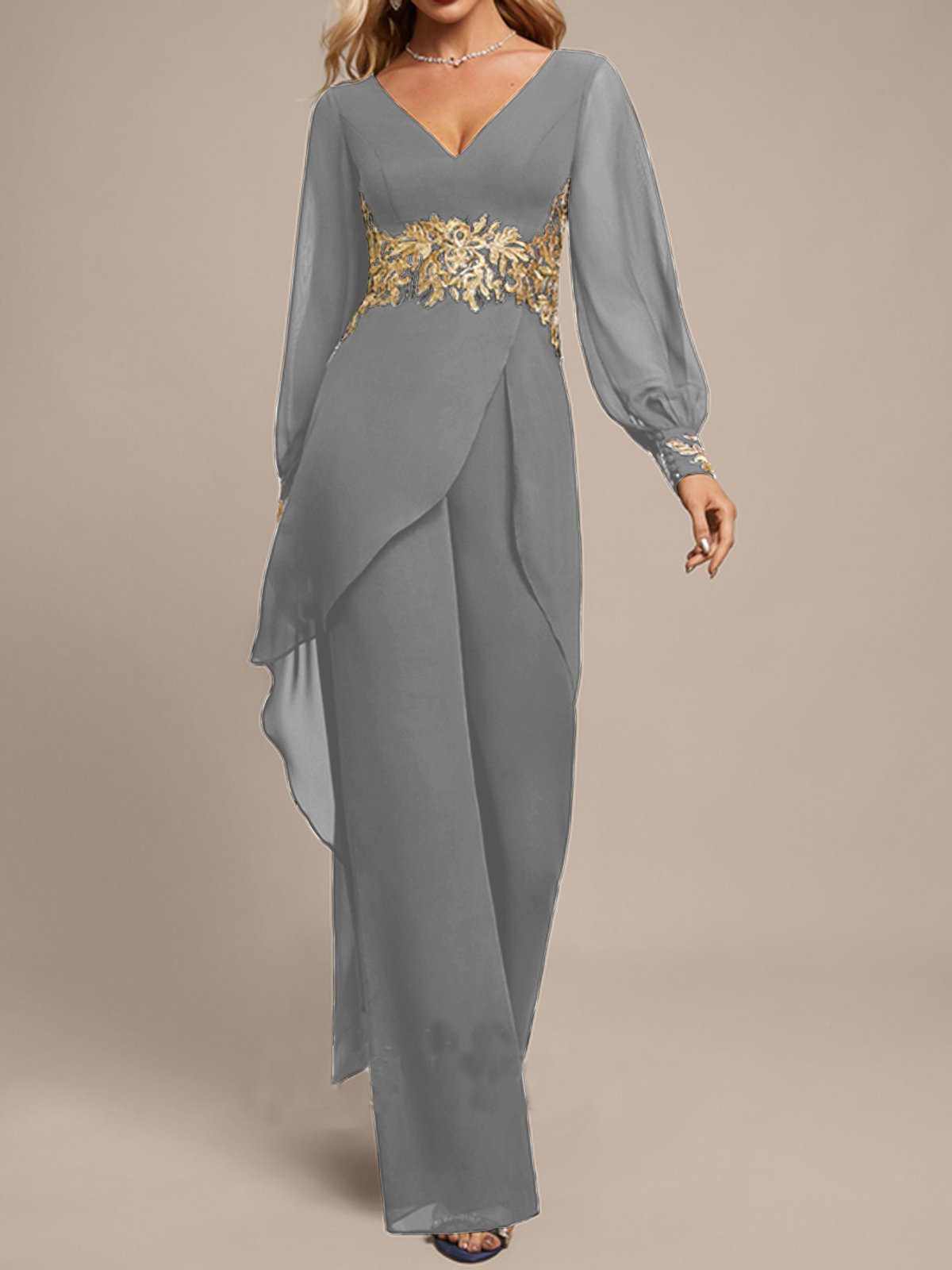 Chiffon V Neck Evening Elegant Jumpsuit