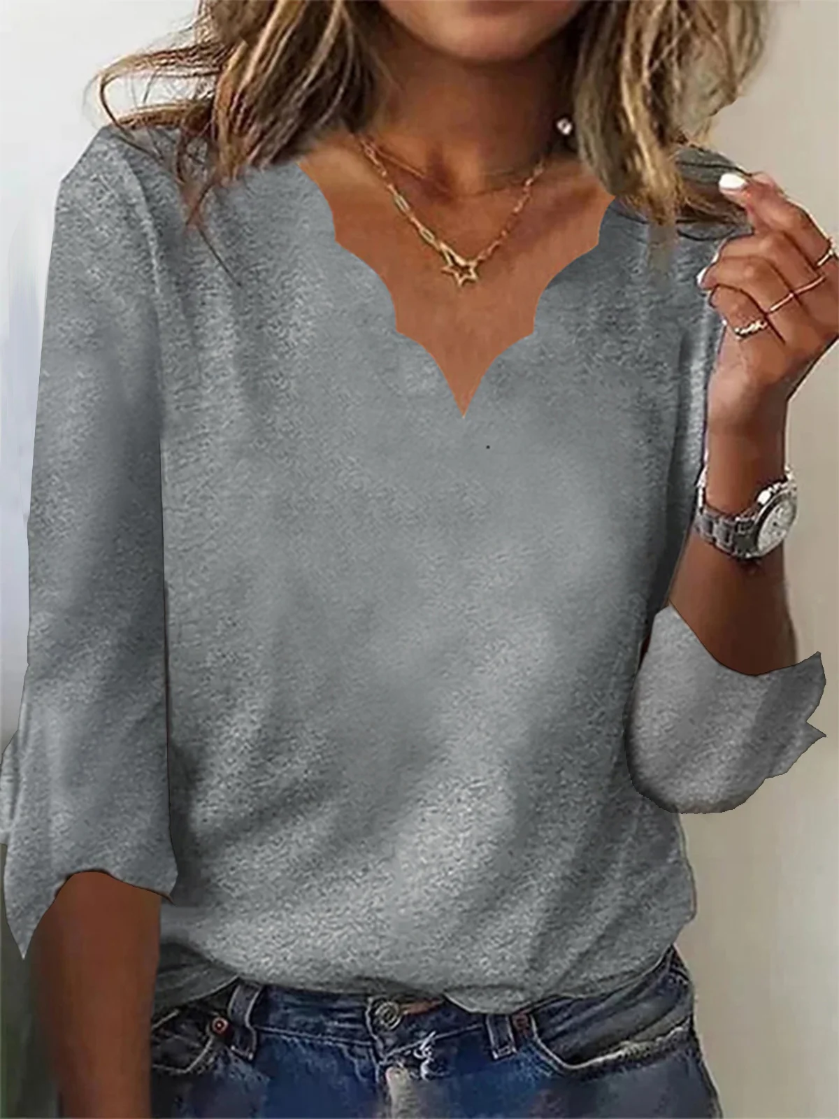 V Neck Plain Loose Ruffled Sleeves Casual T-Shirt