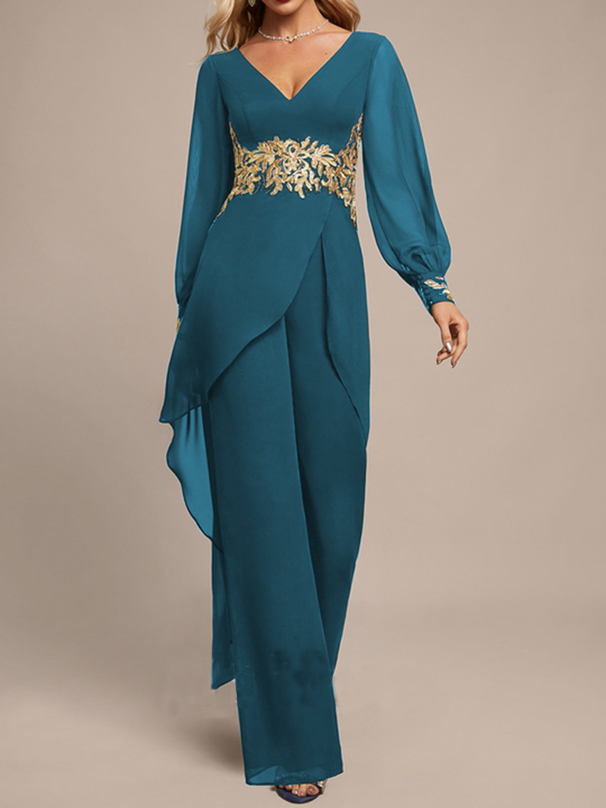 Chiffon V Neck Evening Elegant Jumpsuit