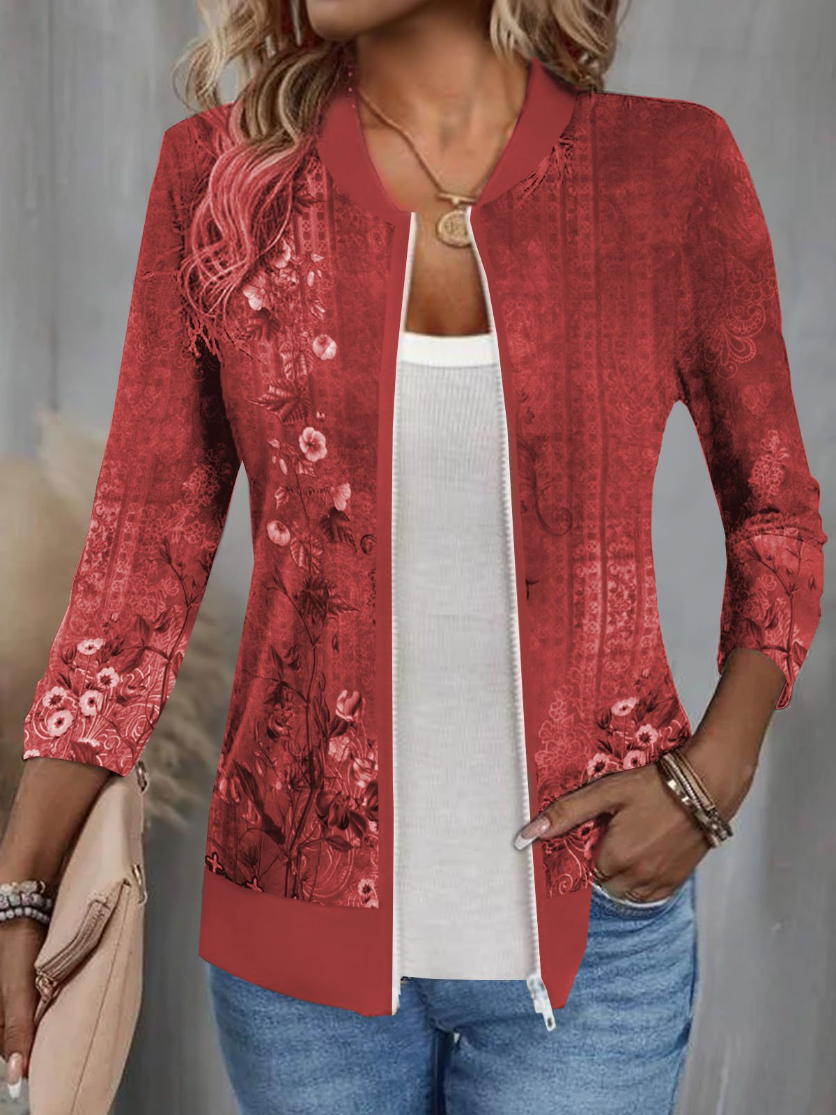 Casual Floral Loose Zipper Jacket