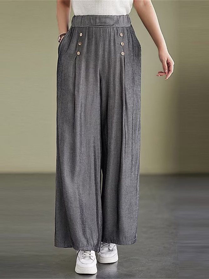 Plain Loose Casual High Waist Wide Leg Long Pants