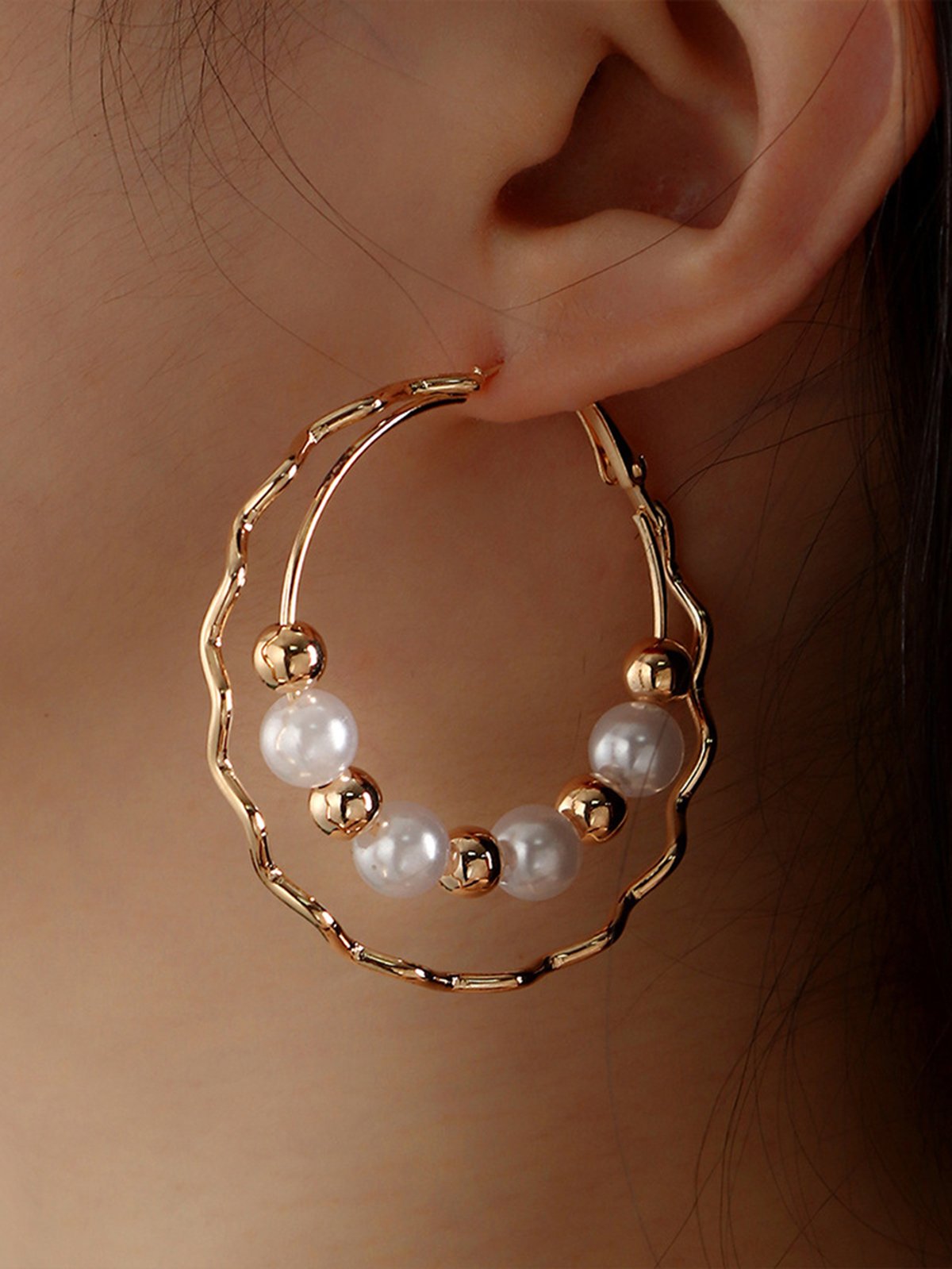 Elegant Double Layer Beaded Imitation Pearl Hoop Earrings