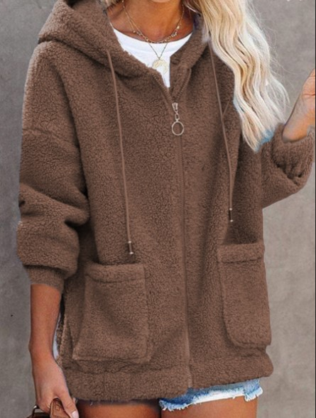 Loose Zipper Hoodie Casual Plain H-Line Mid-long Teddy Jacket With Pockets