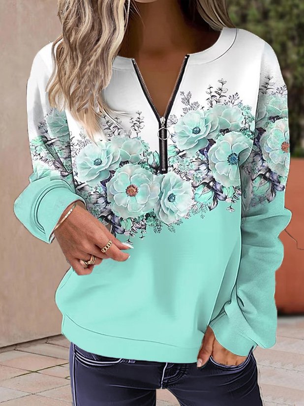 Floral Half Zip Casual Long Sleeve Hoodie Crew Neck Loose Sweatshirt