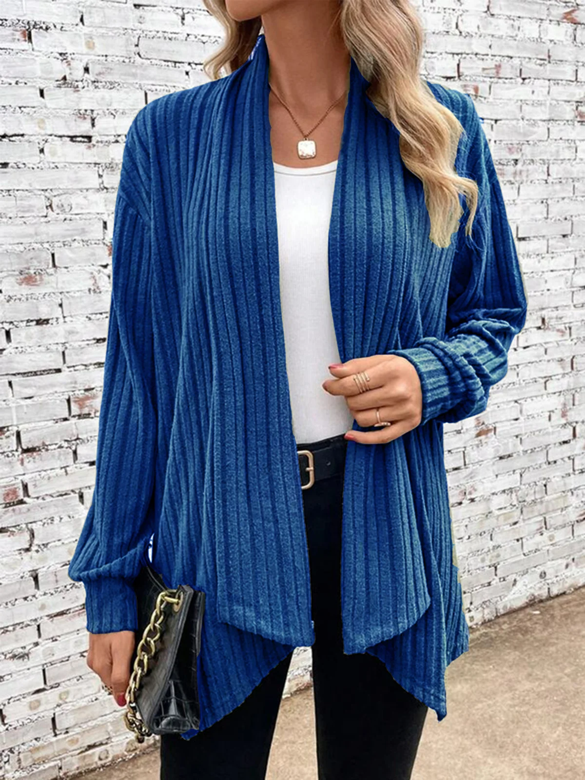 Wrap Loose Plain Casual H-Line Rib Fabric Long Sleeve Kimono