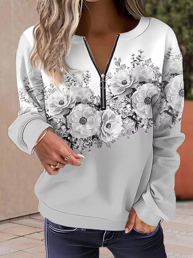 Floral Half Zip Casual Long Sleeve Hoodie Crew Neck Loose Sweatshirt