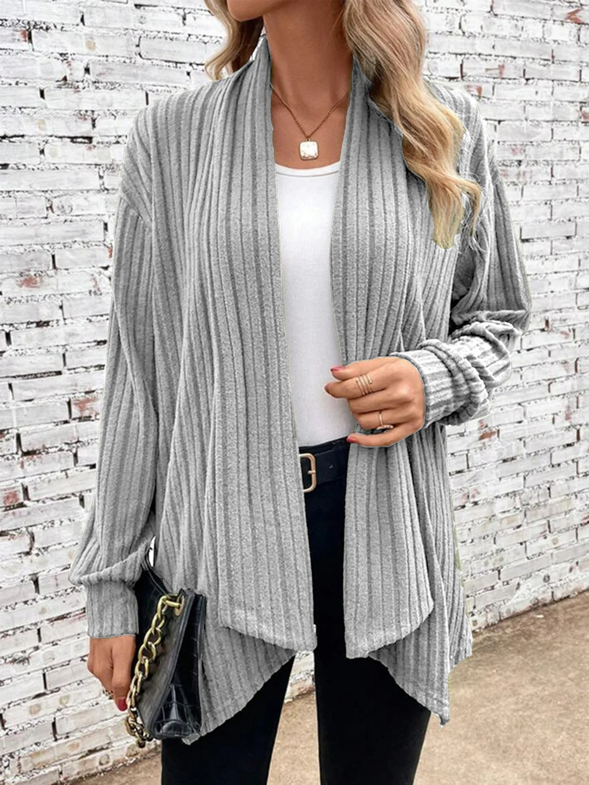 Wrap Loose Plain Casual H-Line Rib Fabric Long Sleeve Kimono