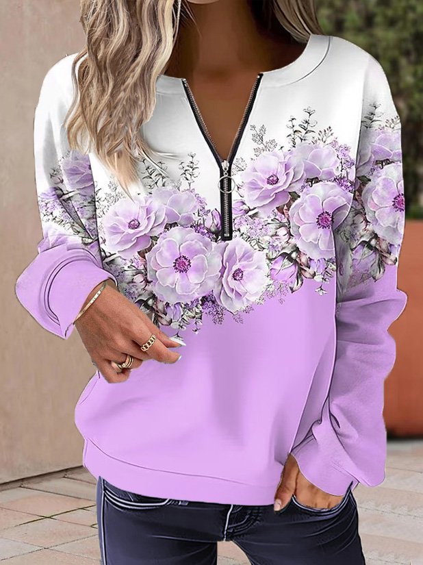 Floral Half Zip Casual Long Sleeve Hoodie Crew Neck Loose Sweatshirt