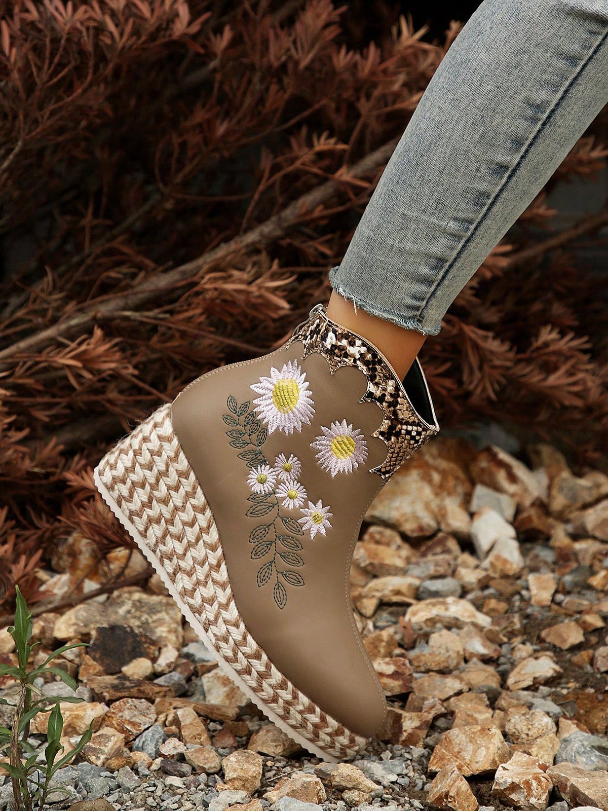 Floral Embroidered Snakeskin Espadrille Wedge Heel Platform Boots