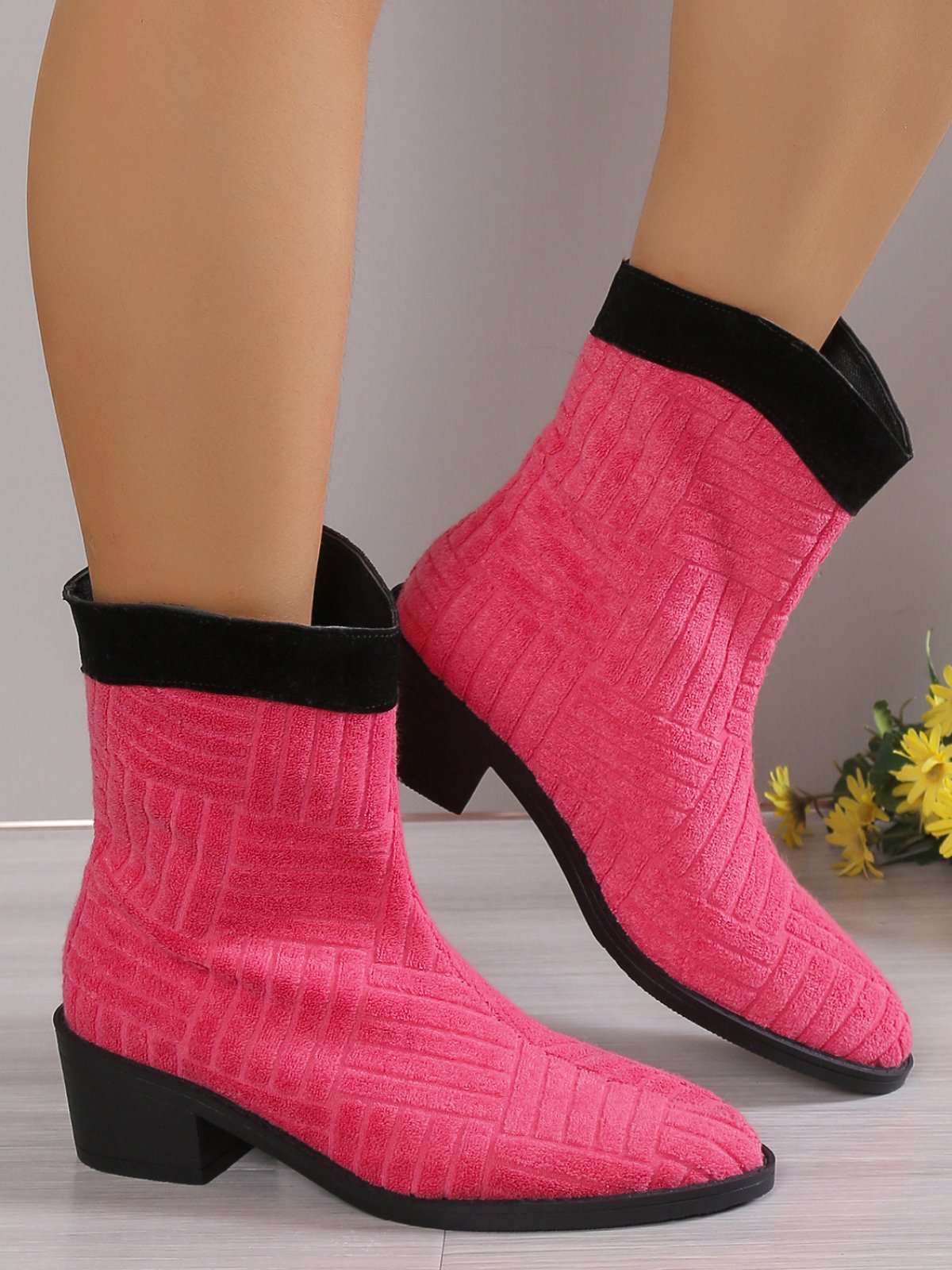 Casual Color Block Fleece Slip On Boots