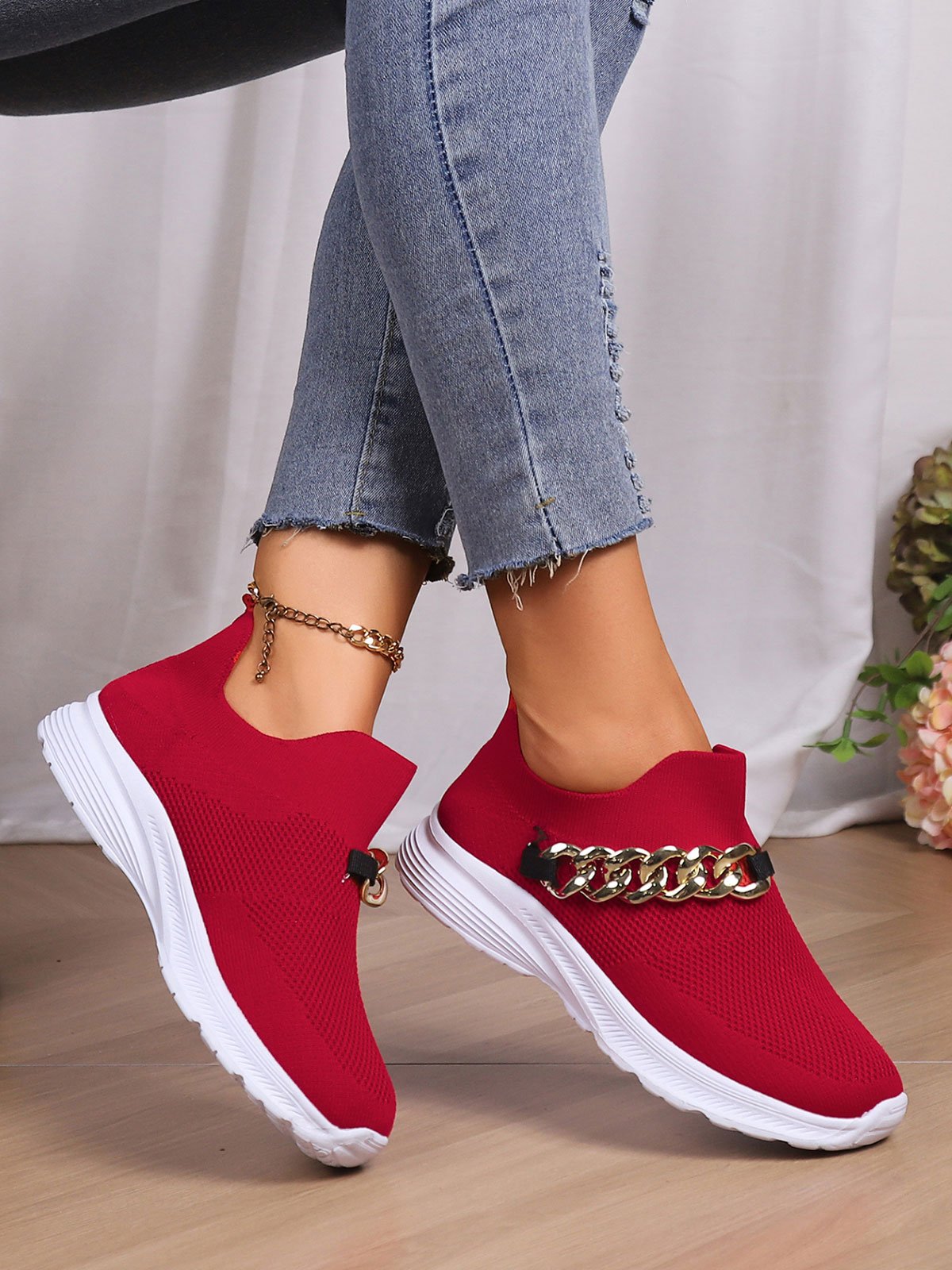 Women Chain Decor Slip On High-Elastic Flyknit Sneakers