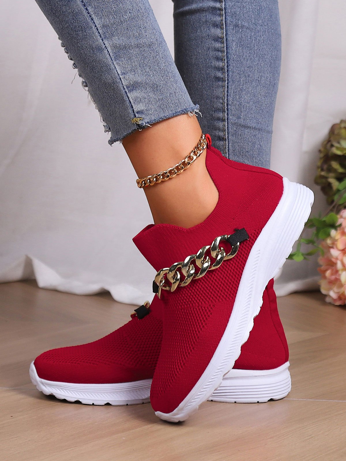 Women Chain Decor Slip On High-Elastic Flyknit Sneakers