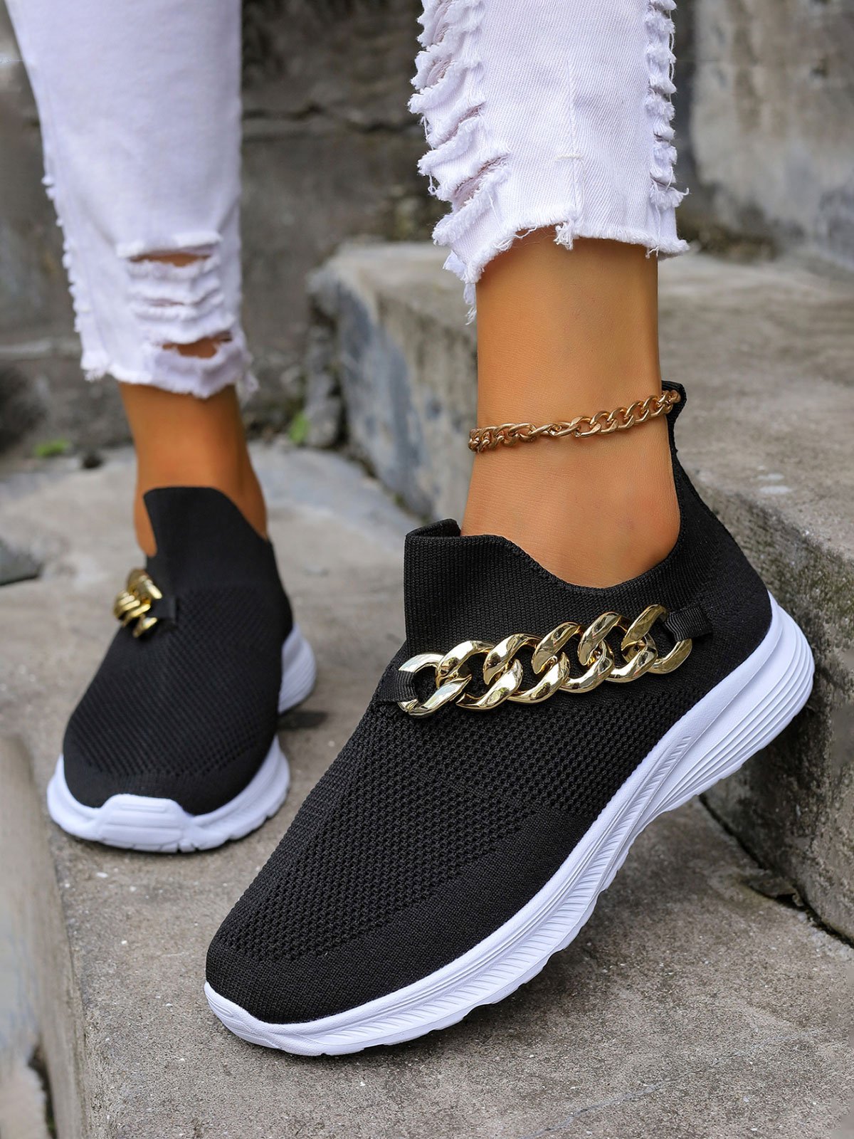 Women Chain Decor Slip On High-Elastic Flyknit Sneakers