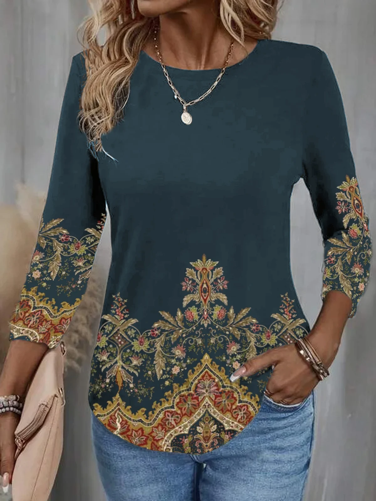 Ethnic Loose Casual Jersey Crew Neck H-Line Long Sleeve Daily Commuting T-Shirt