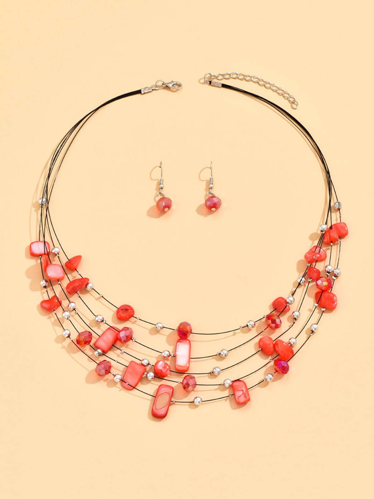 Boho Multicolor Beads Layered Necklace Earrings Set