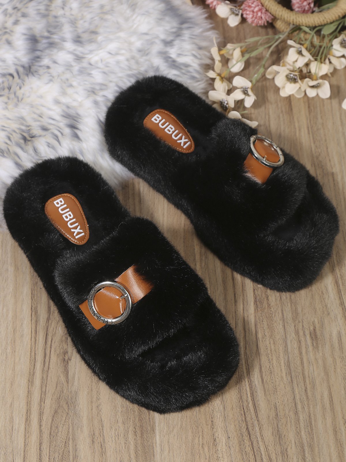Casual Color Block Buckle Comfy Fluffy Slippers