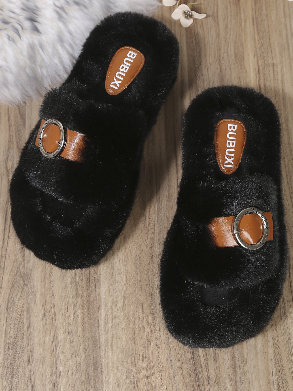 Casual Color Block Buckle Comfy Fluffy Slippers