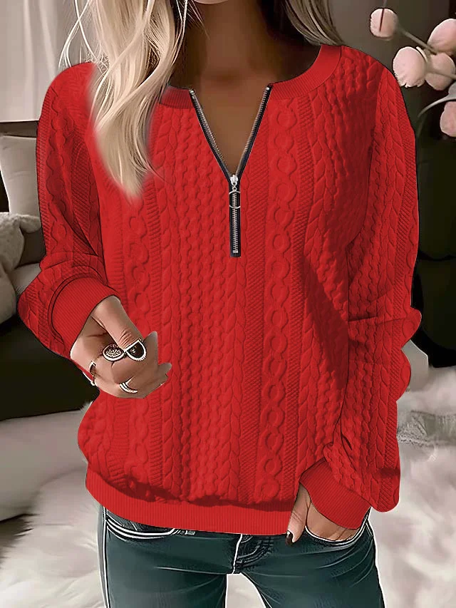 Half Zipper Solid Color Casual Texture Knitted V neck H-Line Long Sleeve Sweatshirts