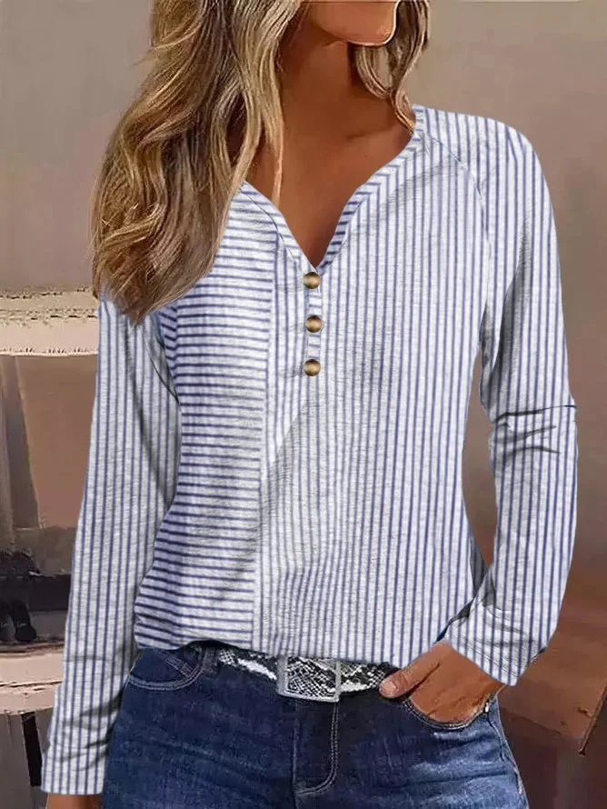 Casual Striped Loose V Neck T-Shirt