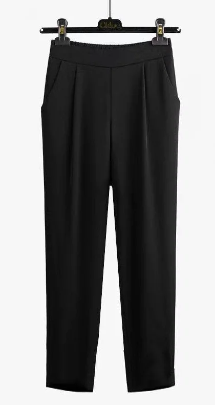 Plain Basic Casual H-Line Elastic Waistband Harem Pants With Pockets