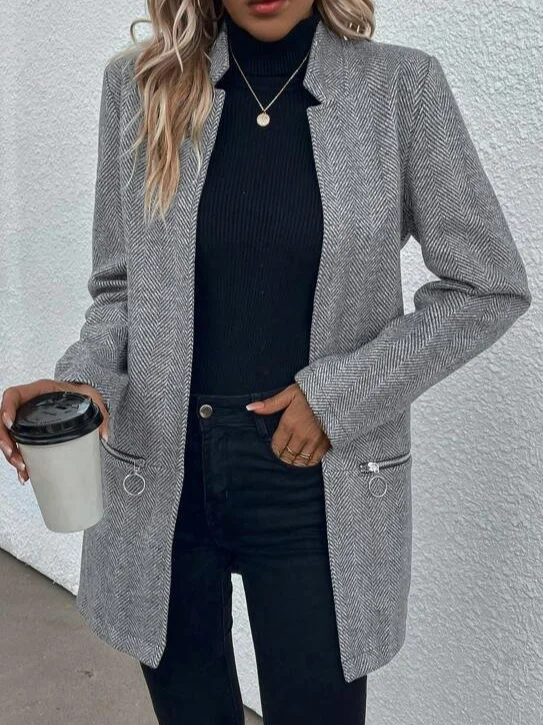 Casual Loose Mid-long Zipper Herringbone H-Line Jacket